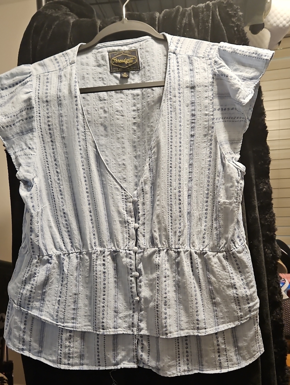 Thread & Supply Light Blue Striped Ruffle-Sleeve Button Front Blouse
